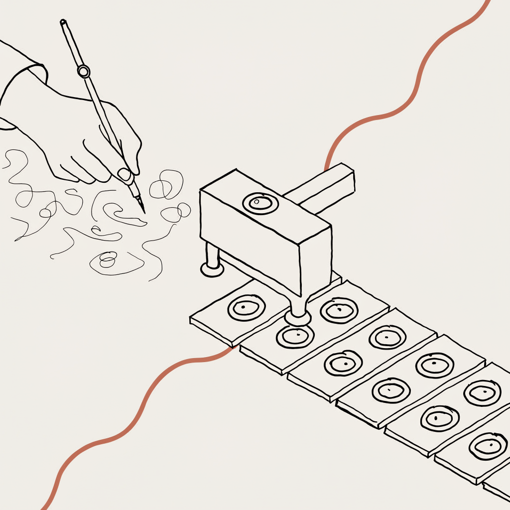 A freehand sketch on one side and a mechanical stamp repeating an identical mark on the other: a skill improvises each time, a workflow runs the same way every time.