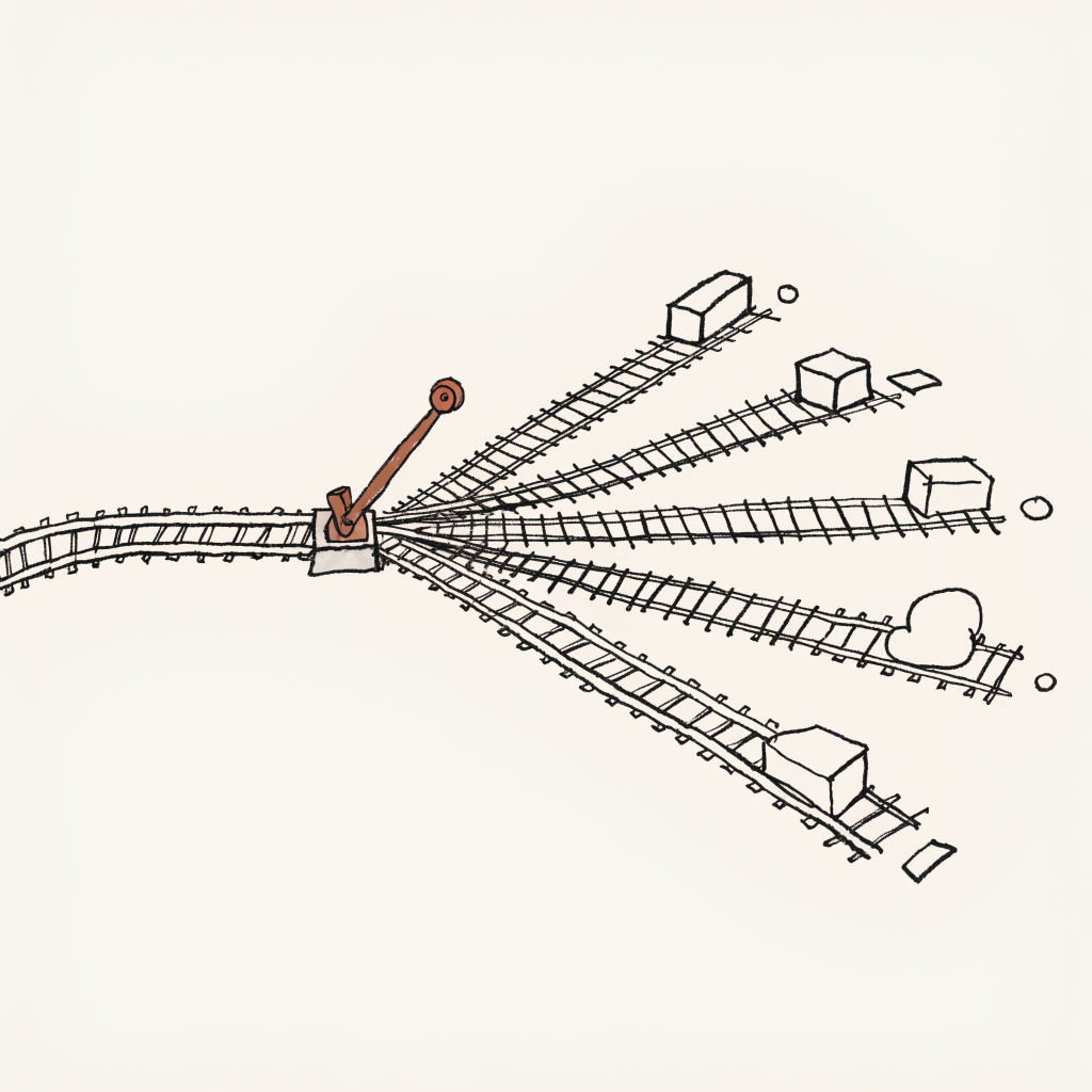 A hand-drawn railroad switch where one incoming track splits into five diverging lanes, each carrying a different small cargo box toward its own destination, illustrating routing each kind of work to the tool whose cost fits.