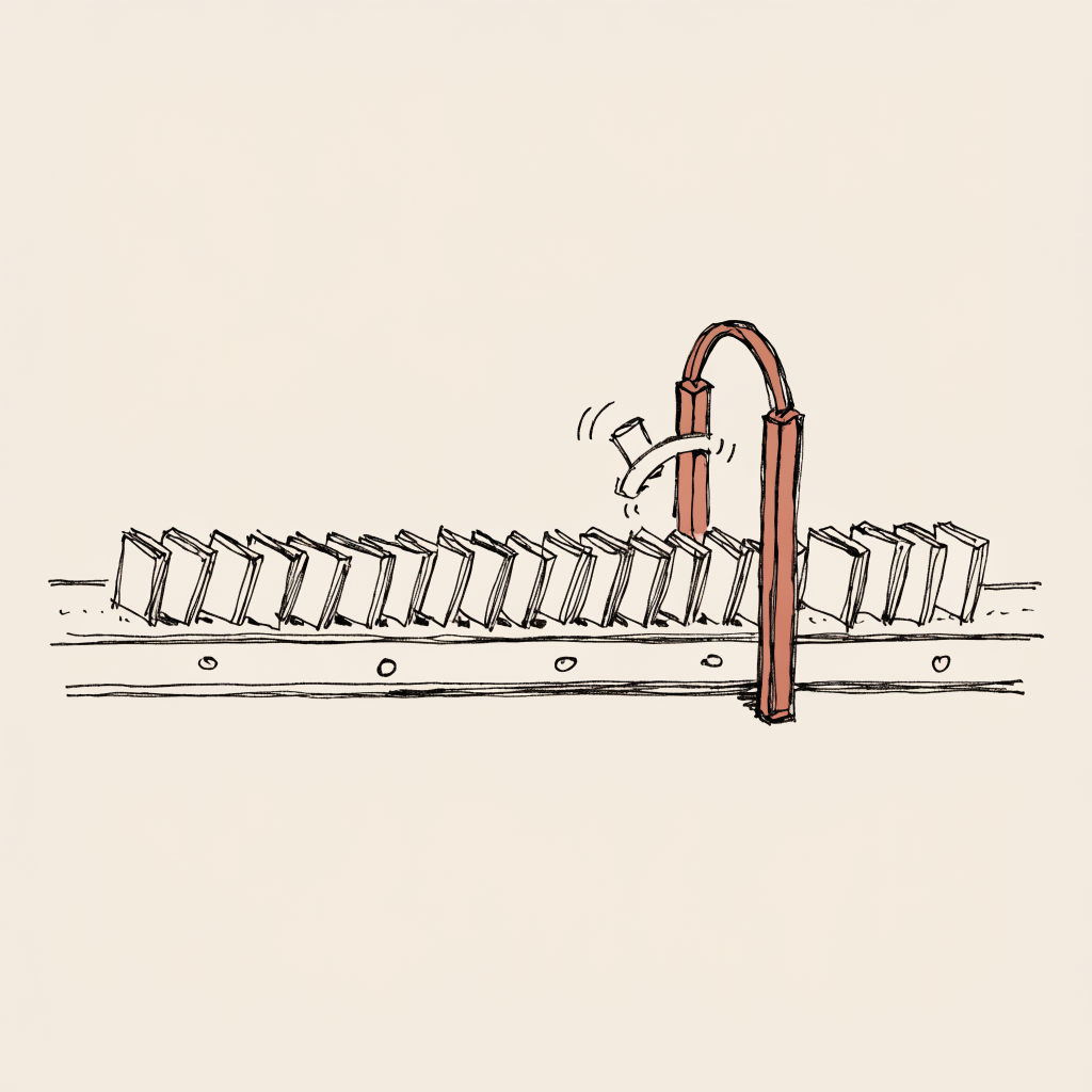 A conveyor line of identical small job tickets moving toward a single checkpoint gate that inspects and stamps each one before it can pass, the gate marked in rust as the completion gate every job must clear.