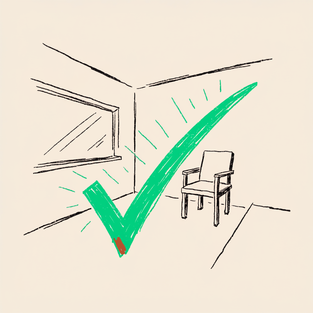 A large green checkmark glowing in front of an empty room where someone should be working.