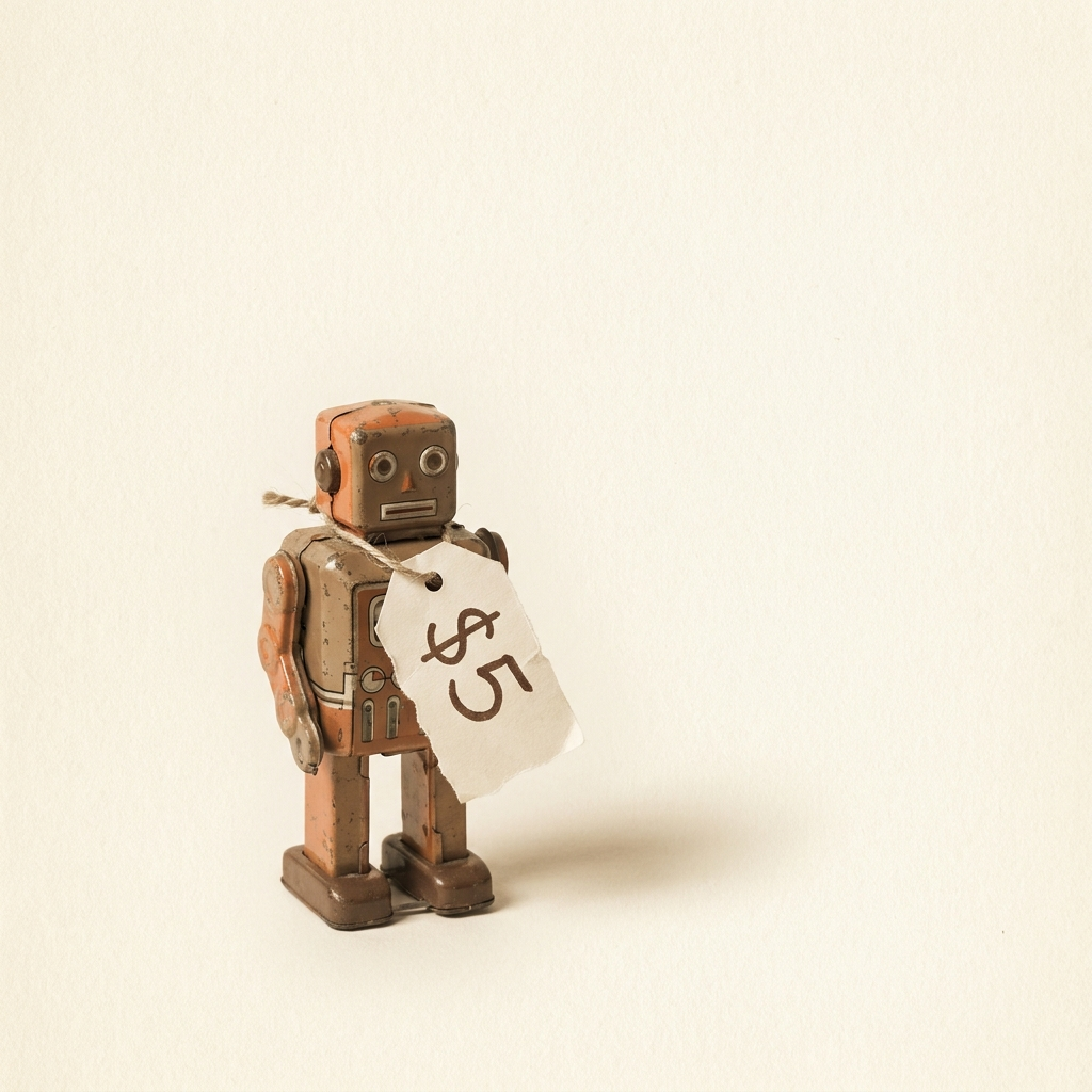 A small, battered vintage tin wind-up robot on cream paper, with a hand-lettered paper price tag reading $5 tied around its neck: a cheap AI model, judged by the setup around it.