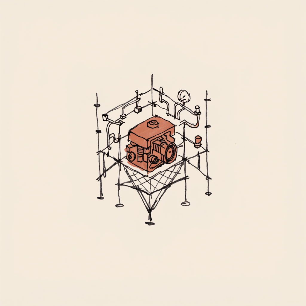 A hand-drawn editorial sketch of a single small rust-colored engine held at the center of an elaborate charcoal scaffold of struts, pipes, gauges and a support cradle, a metaphor that the model runs reliably in production only because of the control plane built around it.