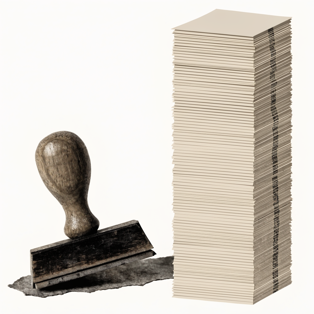 A worn rubber stamp beside a pristine stack of unread documents: approval without an independent view is ratification, not review.