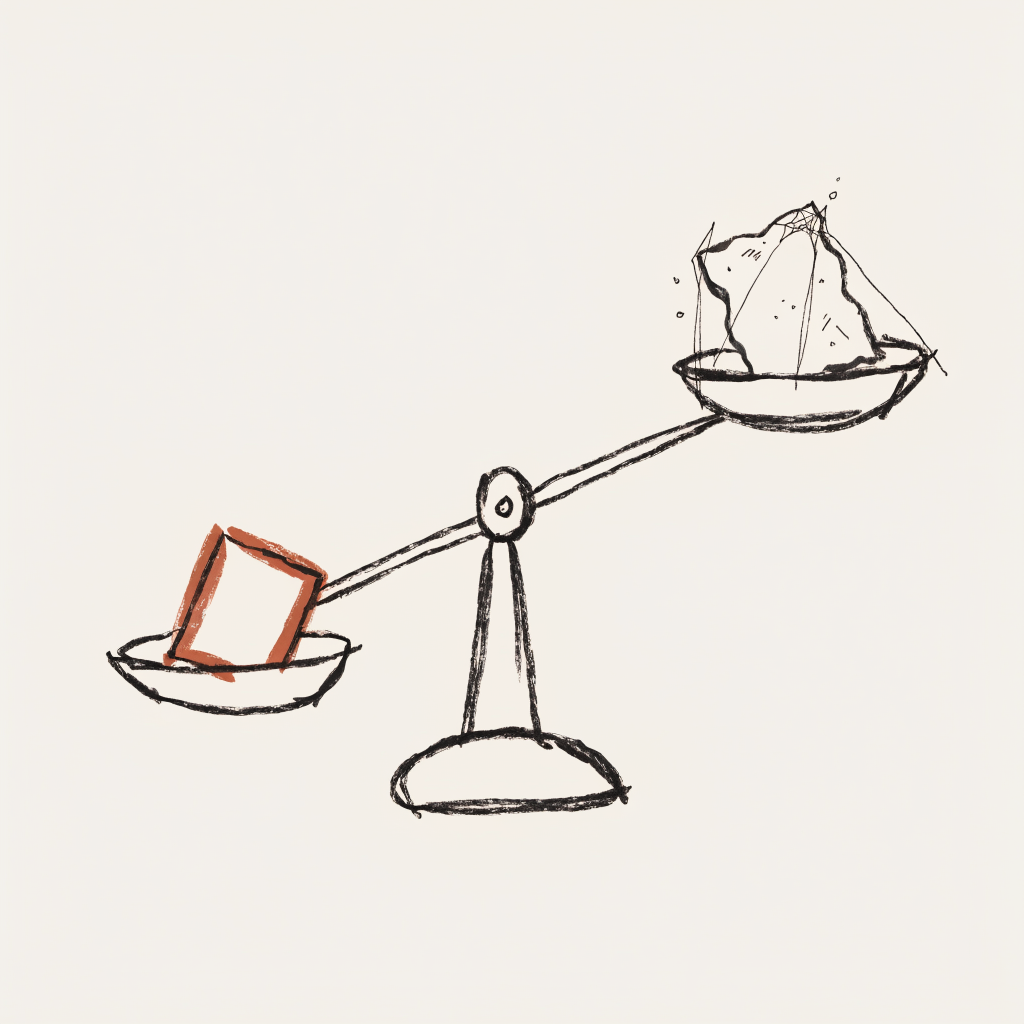 A hand-drawn balance scale weighing two memory cards: a crisp recent note on the lower pan outweighing a faded, cobwebbed old note on the raised pan, showing recency and importance overriding raw similarity.