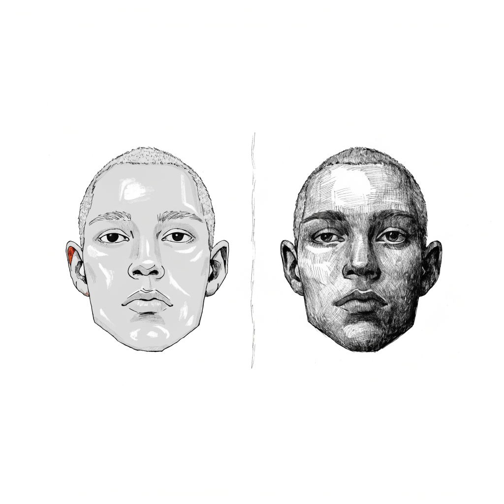 Two ink portraits side by side: on the left a generated face subtly wrong with smoothed waxy skin and shifted proportions, on the right the same face built from real photographic texture with pores and asymmetry intact