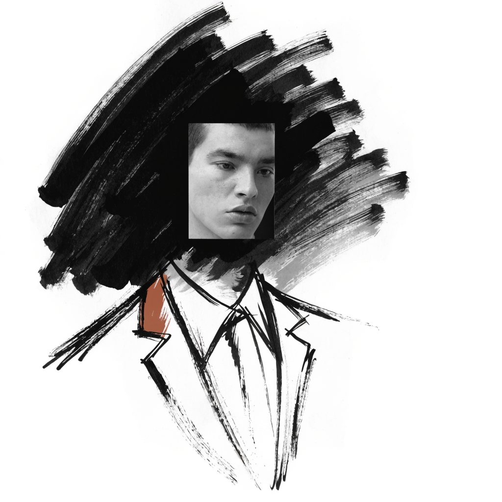 A single ink portrait head held inside a clean rectangular frame while a generated scene of brushstrokes, lighting, and backdrop is painted in the space around it, the face itself left untouched as a pasted real cutout