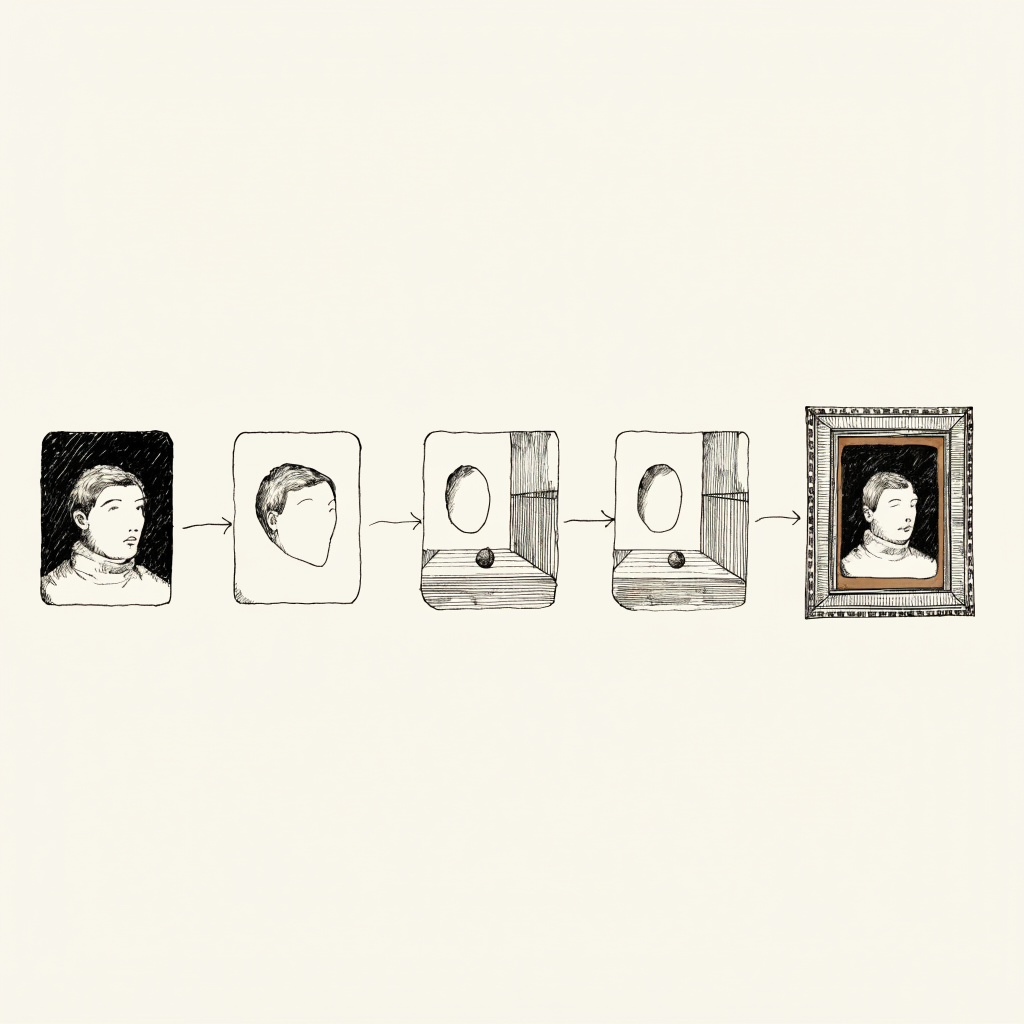 An ink flow diagram reading left to right: a real photo, a clean head cutout, a generated scene built around the empty face area, the real face composited back into the frame, and a final graded print, each stage drawn as a simple labeled card