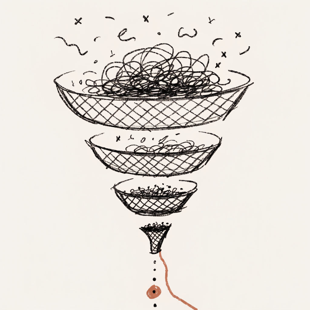 A hand-drawn three-tiered funnel: a chaotic cloud of scattered scribbled marks pours into the top, passes through three stacked sieve layers, and emerges at the bottom as a single clean dot circled in rust, the one high-signal memory that survives the filter.