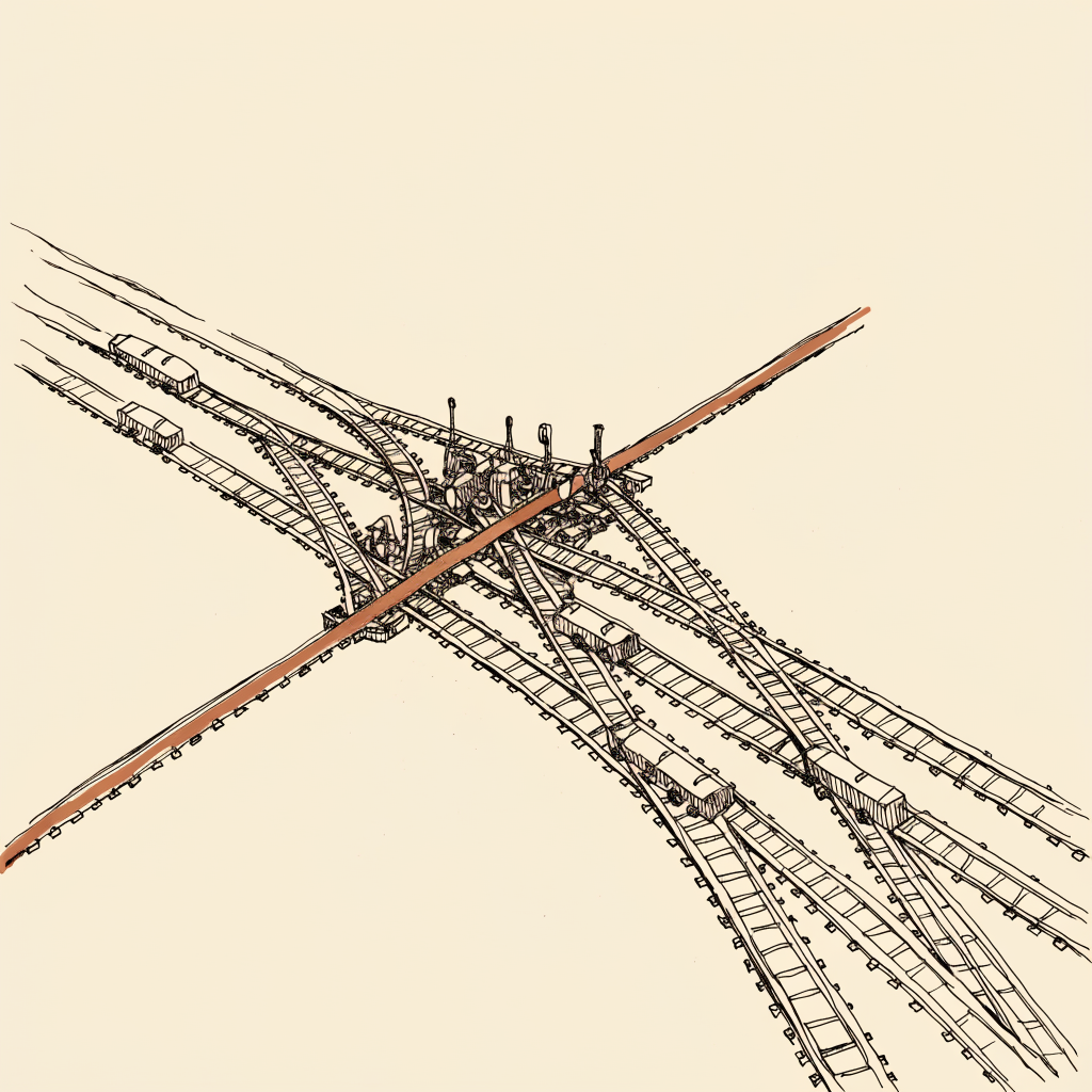 A hand-drawn rail switchyard where many converging tracks pass through a single set of switch levers, with one track picked out in rust accent, the routing apparatus drawn larger and more detailed than the trains themselves