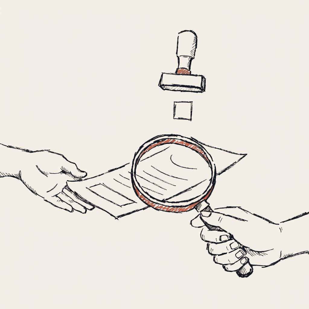 A hand-drawn editorial sketch: a finished sheet of work is passed from one hand and inspected through a separate magnifying glass held by a different hand, while an approval stamp waits above, only allowed to land after the outside inspection.