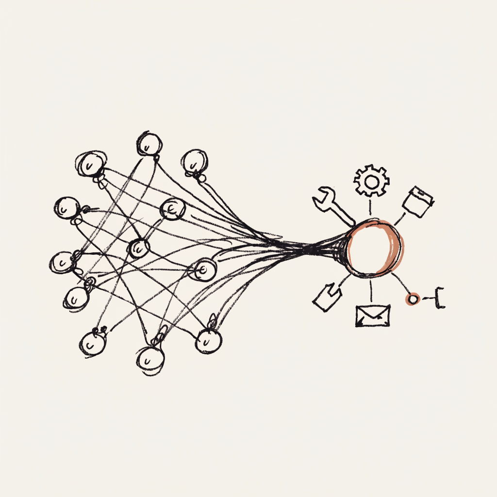 A tangle of many small identical agent nodes on the left, connected by a messy web of crossing lines, funneling rightward into one larger circular hub that radiates tidy spokes to a small ring of tool icons.