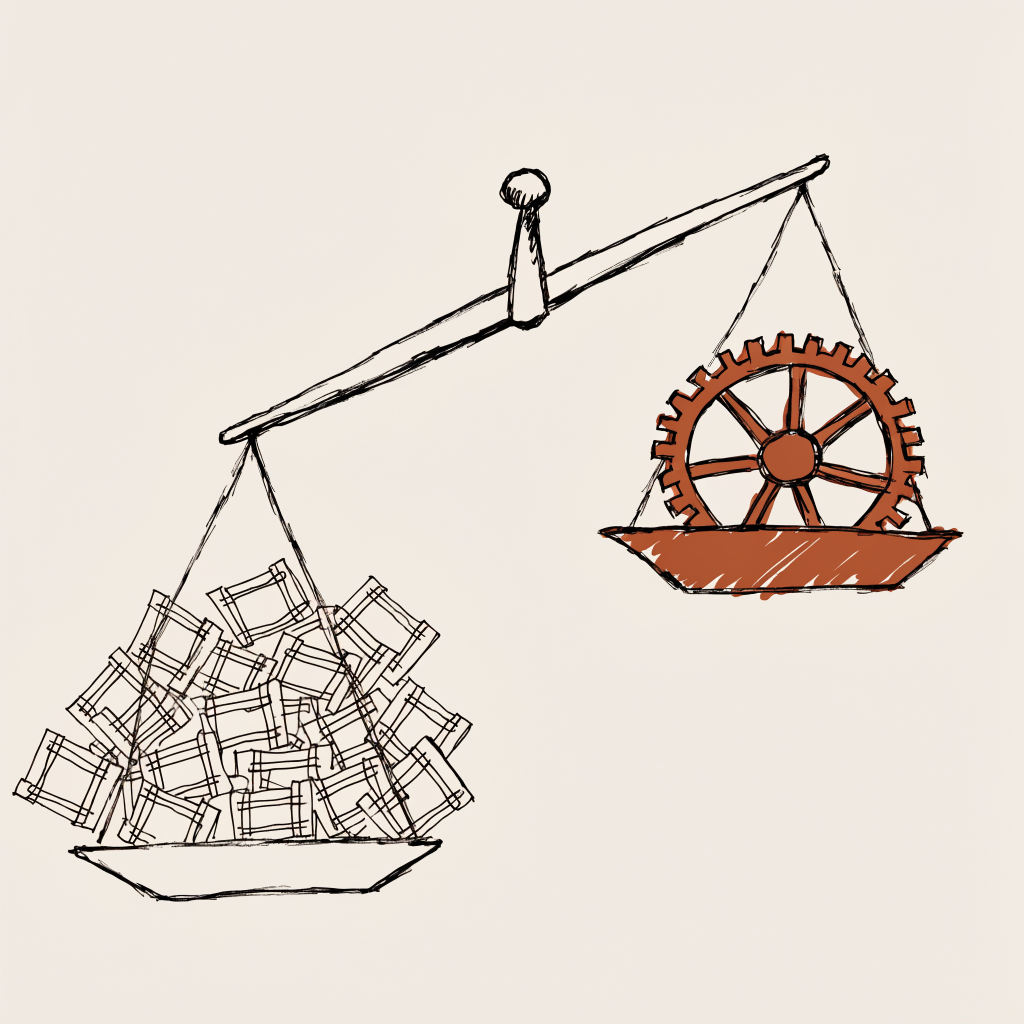 A lopsided hand-drawn balance scale: one pan stacked with many small identical empty frames barely moves, while the opposite pan holding a single heavy rust-colored gear tips the beam hard, showing that swapping the model outweighs swapping the harness.