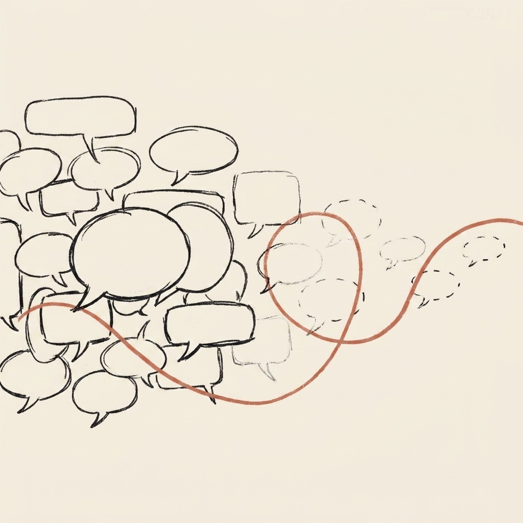 A hand-drawn ink sketch: a dense cluster of lively, full speech bubbles on the left thinning into faint, empty, dashed bubble outlines on the right as the conversation goes quiet, with a single rust-orange line looping back through the fading bubbles to draw the group chat back together.