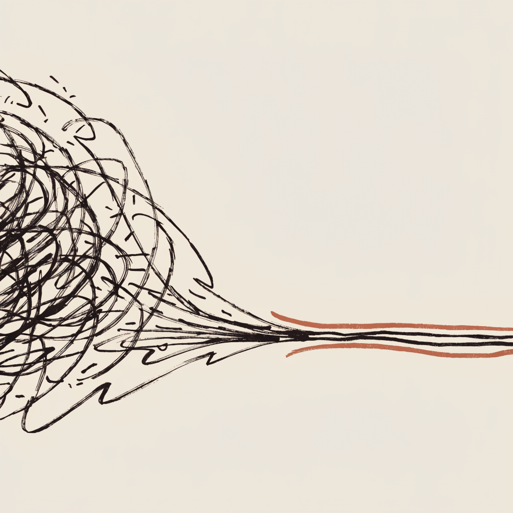 A hand-drawn ink sketch of many tangled, searching exploratory lines on the left gathering and resolving into a single clean repeating groove on the right, one rust accent marking the settled path