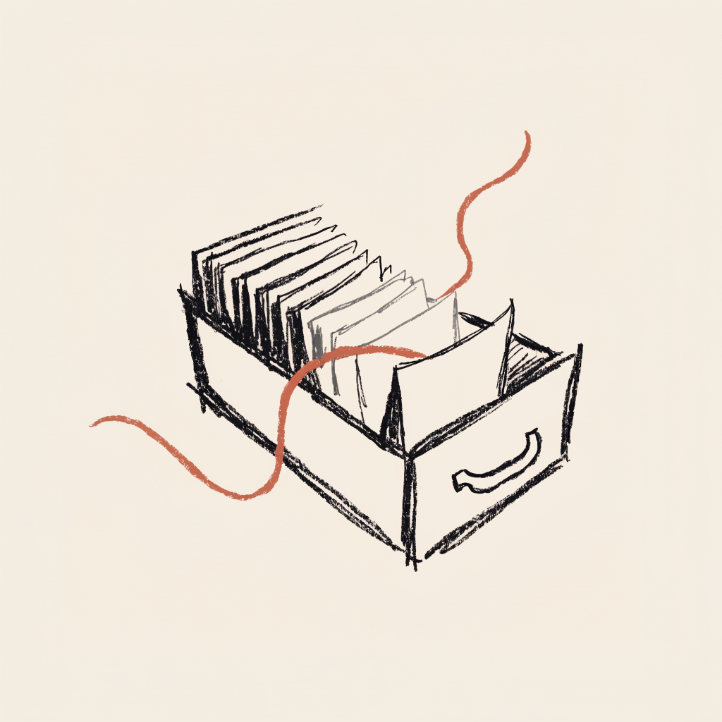 A hand-drawn ink sketch of an open library card-catalog drawer of index cards: cards near the front stand crisp and upright while older cards toward the back fade and sink, and a single rust-colored accent line threads through to lift one older card forward.