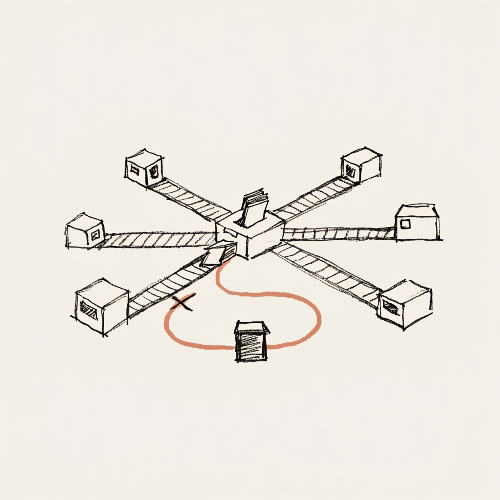 A hand-drawn ink sketch of a single central dispatcher hub feeding stacked work cards onto six parallel tracks that fan out to different machine backends, with one blocked track rerouting along a rust-colored path to an alternate machine.