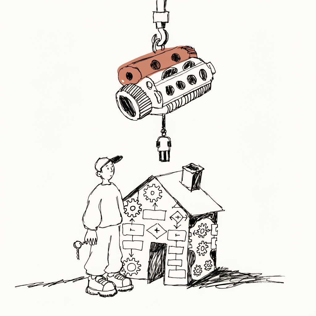 A doodle of a person holding the key to a small house built of gears and flowchart boxes, while a huge rented engine dangles from a crane above, connected by a single cable with a quick-release plug.