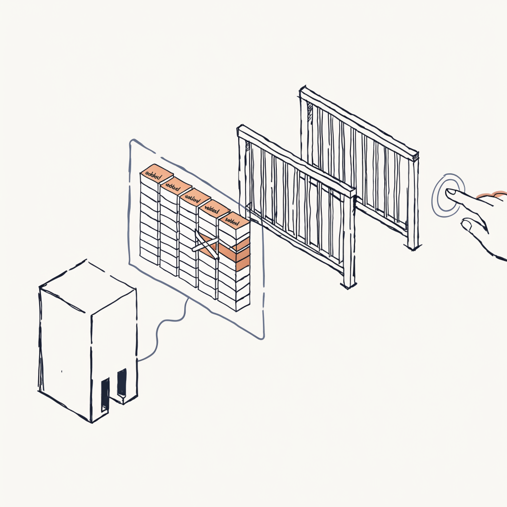 A typed instruction becomes a floating panel of added and removed blocks, held above a gate that stays shut until a person presses approve.