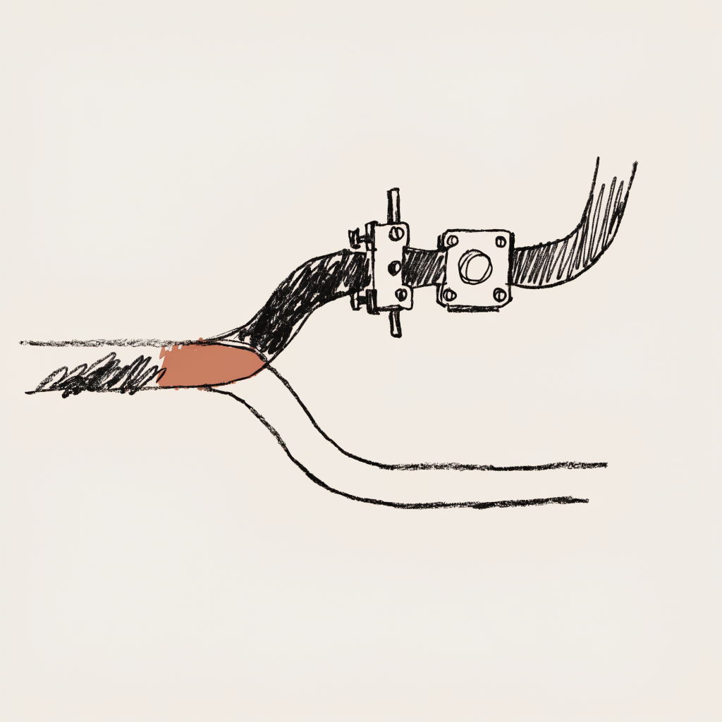 A single channel forking into two diverging paths: the upper branch passes through a heavy bolted mechanical valve, the lower branch is a thin light open line, drawn as a hand-sketched editorial doodle.