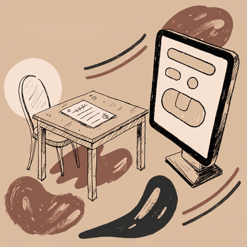 A home table holding a money-transfer slip beside an empty chair, set against a monitor showing a recurring vendor invoice, the same money flowing to two very different places