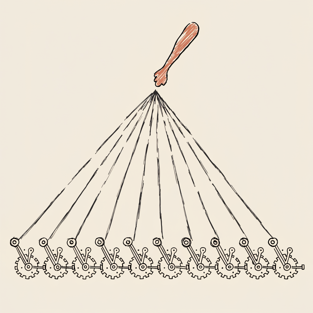 A loose ink sketch of a single rust-colored conductors baton at the top connected by thin charcoal lines fanning down to a row of identical mechanical gears and levers below: one part decides, the rest only execute.