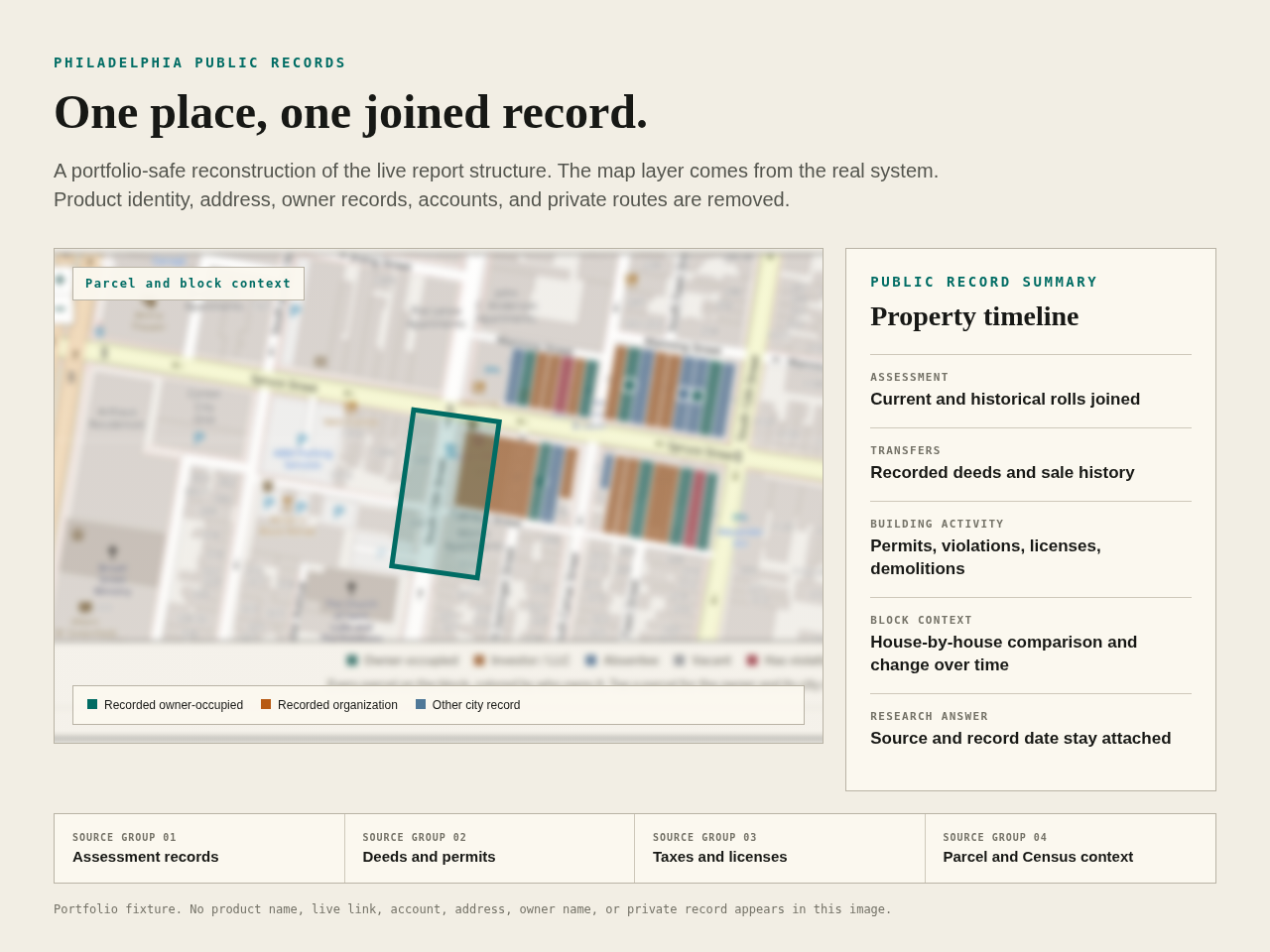 A portfolio-safe reconstruction of the property report showing a blurred real parcel map layer and a generic public-record summary without branding, account information, an address, or an owner name.