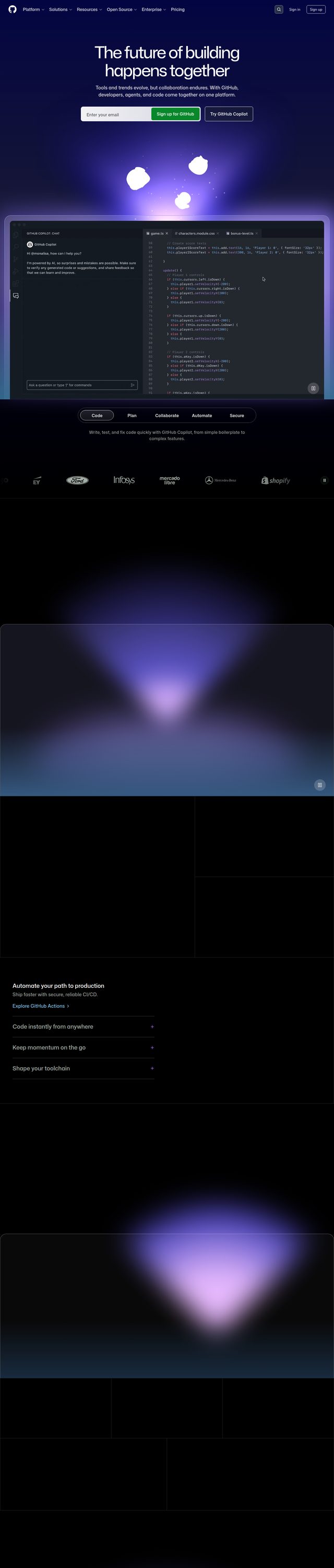 A full-page screenshot the bot took of the GitHub home page, captured top to bottom in one scroll.