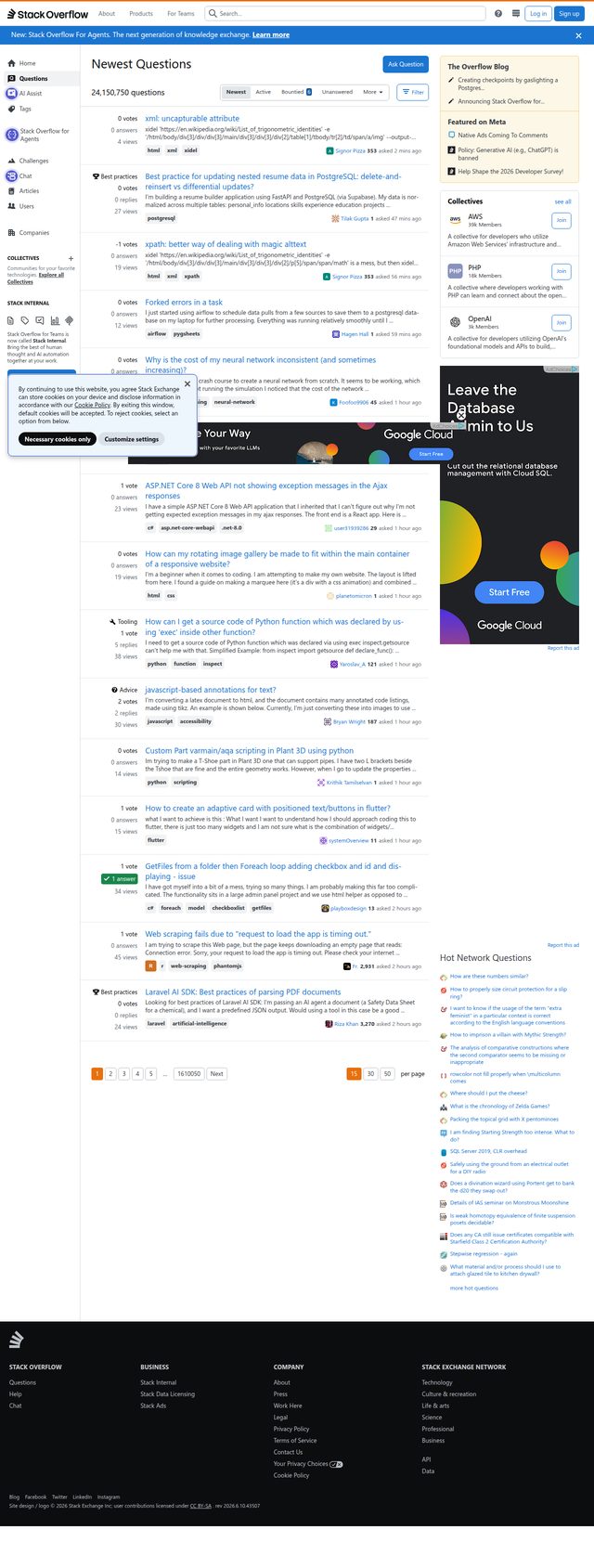 A full-page screenshot the bot took of the Stack Overflow home page, captured top to bottom in one scroll.