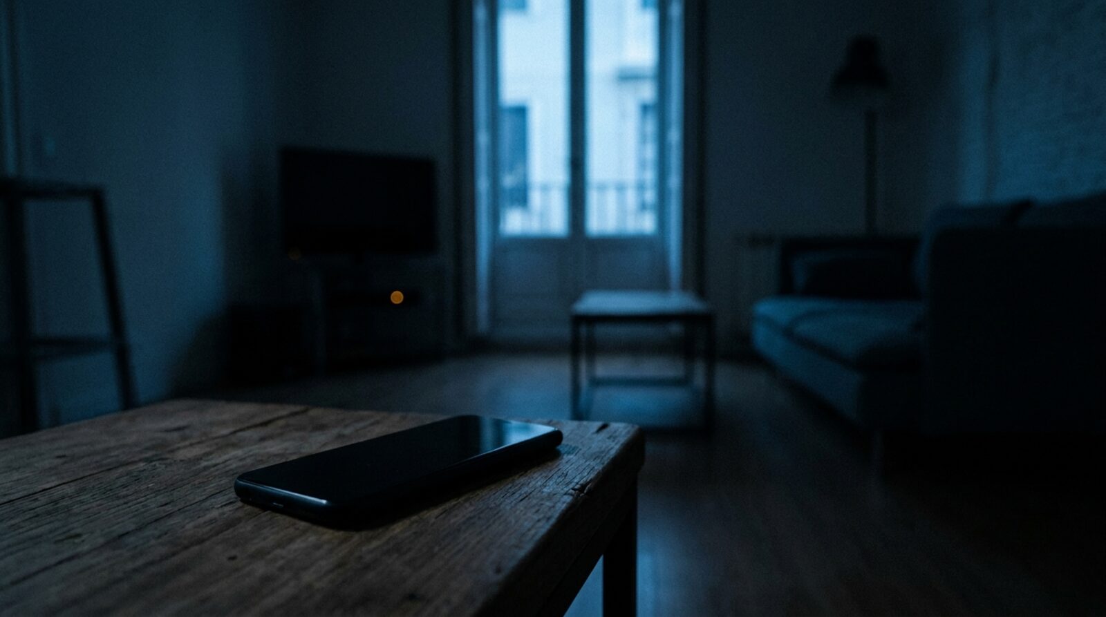 A phone face-down on a coffee table in a dark, still living room at dusk