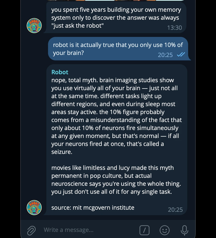 Telegram screenshot. A user asks the bot, 'robot is it actually true that you only use 10% of your brain?' The bot replies it is a total myth, brain imaging shows you use virtually all of your brain just not all at once, the 10% figure comes from a misunderstanding about how many neurons fire at once, and if all of them fired at once that is a seizure. It signs off with 'source: mit mcgovern institute.'