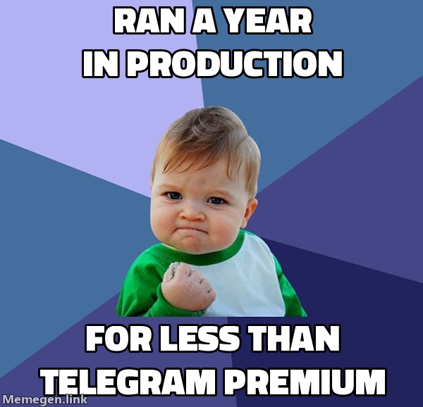 Success Kid meme: 'ran a year in production' on top, 'for less than Telegram Premium' below.