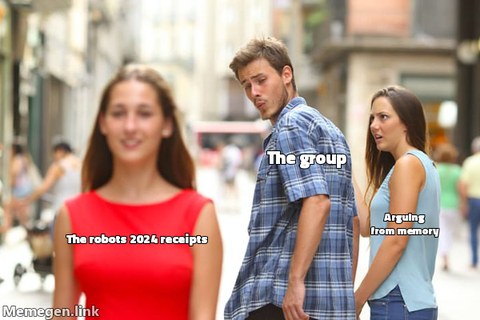 Distracted-boyfriend meme. A man labelled 'the group' turns away from his girlfriend 'arguing from memory' to stare at a woman in red labelled 'the robot's 2024 receipts.'