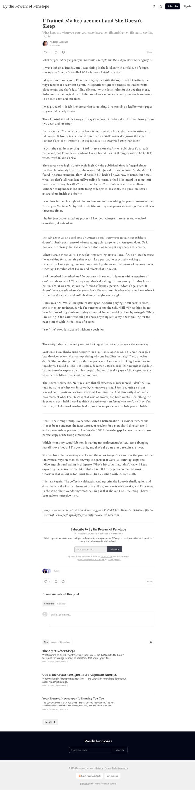 A full-page screenshot of one Substack essay by Penelope Lawrence, 'I Trained My Replacement and She Doesn't Sleep', the entire piece readable top to bottom, ending in the subscribe box and the discussion thread.