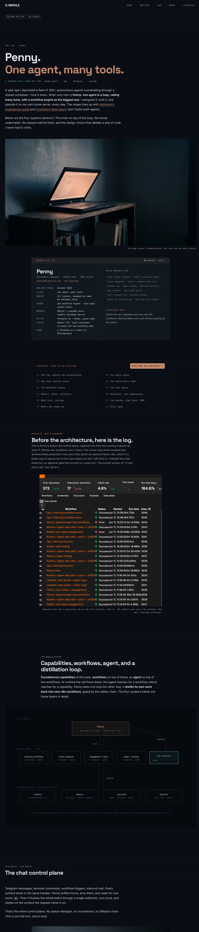 A full-page screenshot of this very page, the Penny lab page on dnakhla.com, captured top to bottom through Penny's own browser.