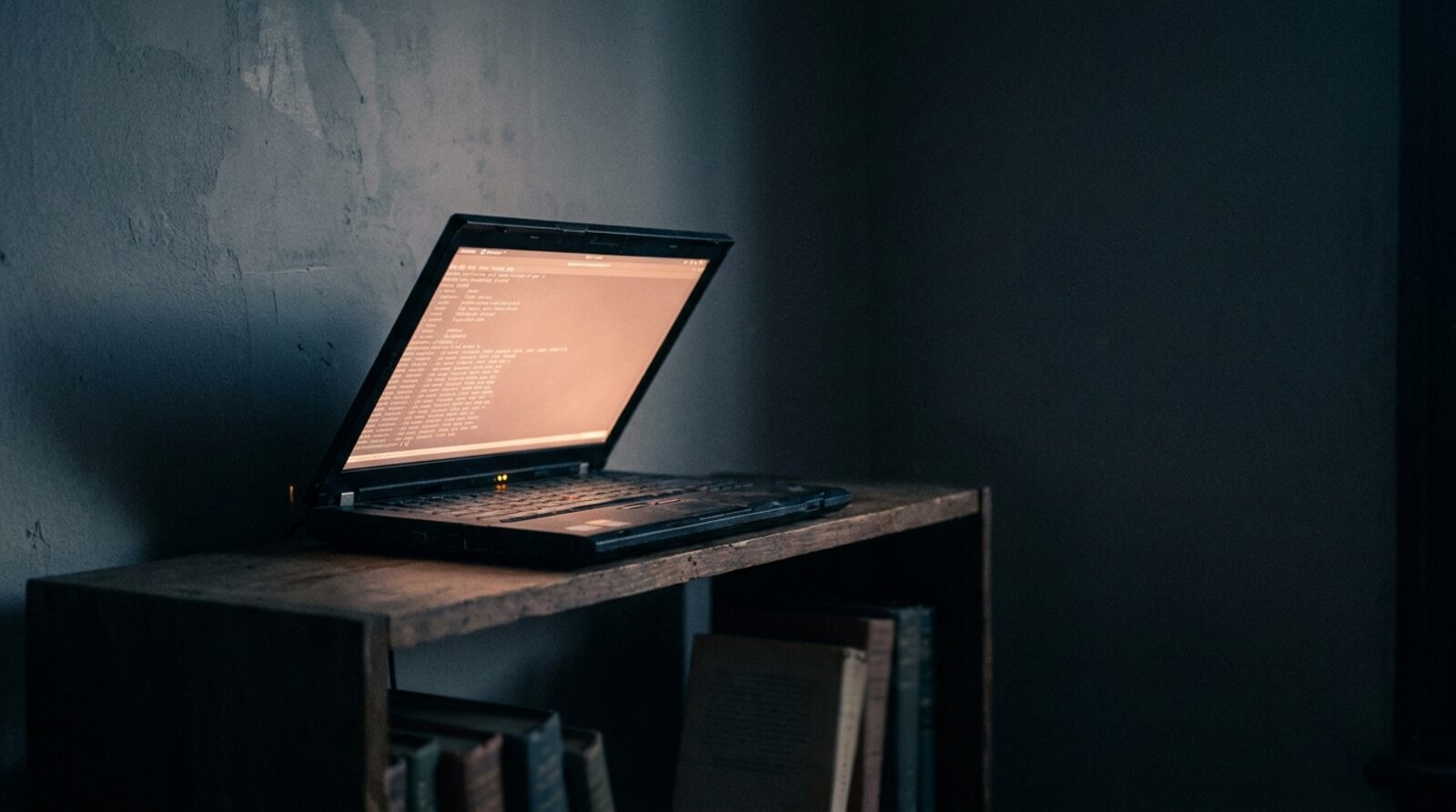 A worn ThinkPad on a wooden shelf in a dark room, terminal glowing copper, books below
