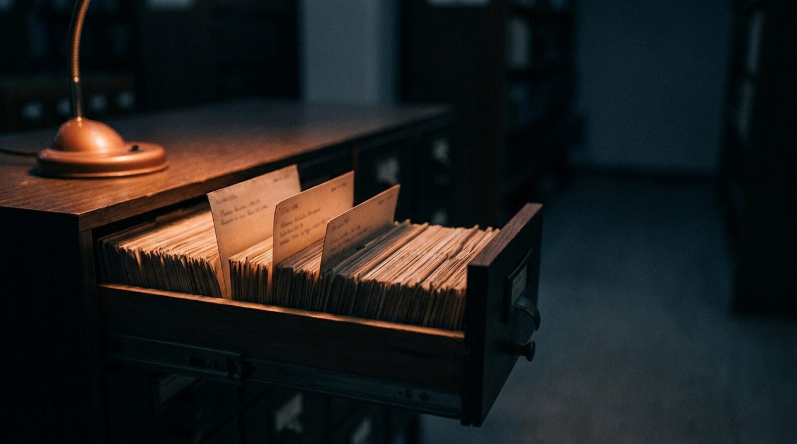 A library card-catalog drawer pulled open, hundreds of index cards lit by a single copper desk lamp